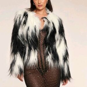 Black & White Luxurious Fluffy Patchwork Long Sleeve Jacket, Fall/Winter